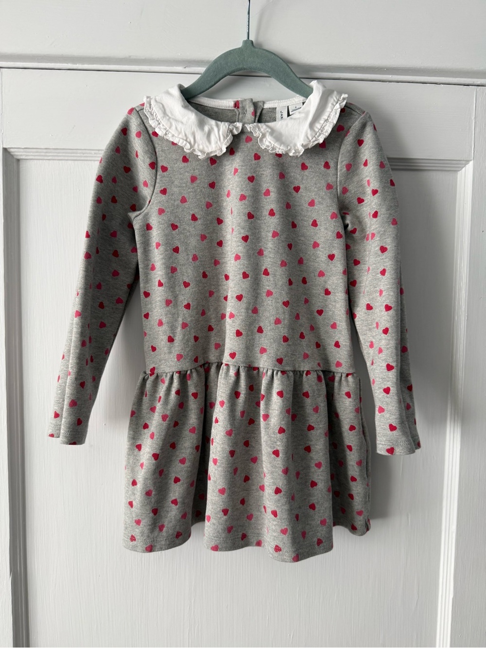 Janie and Jack Grey Knit Dress I with Pink Heart Print and White Ruffle Collar